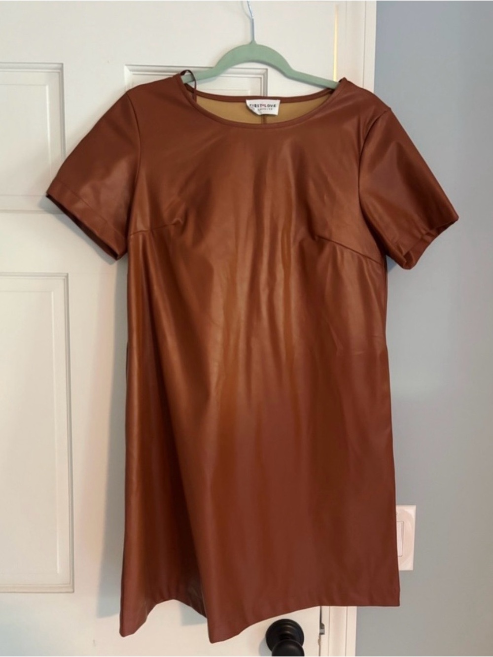 First Love Brown Faux Leather Shift Dress